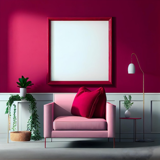 Blank White Picture Frame on Red Magenta Wall Minimalist Living Room Scene