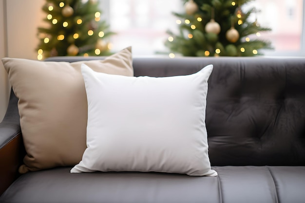 Blank white pillow mockup on black sofa with christmas tree and lights bokeh background Holiday template composition with decoration Copy space