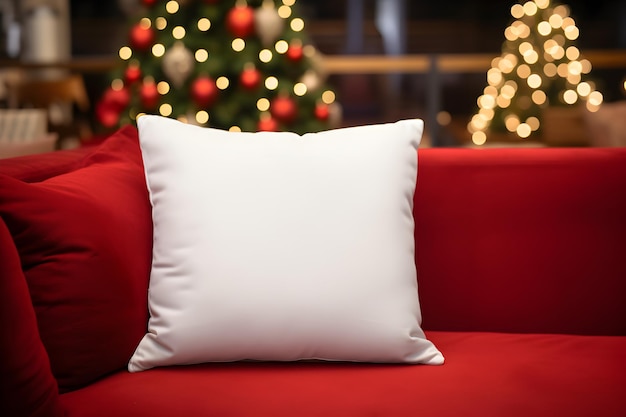 Blank white pillow mockup on red sofa with christmas tree and lights bokeh background Holiday template composition with decoration Copy space