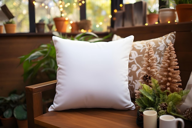 Blank white pillow mockup on wooden bench with house plants and home interior background Home template composition with decoration Copy space