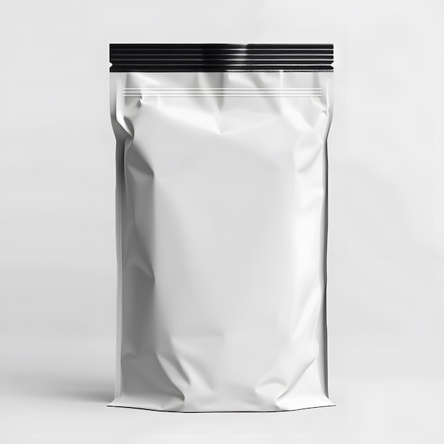 Blank white plastic bag packaging with black zipper