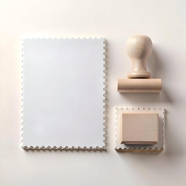 Photo a blank white postage stamp mockup with a wooden rubber stamp