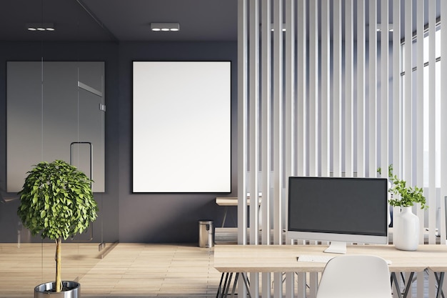 Blank white poster in black frame in stylish office room with eco wooden table with modern monitor and white wooden slatted partition behind 3D rendering mock up