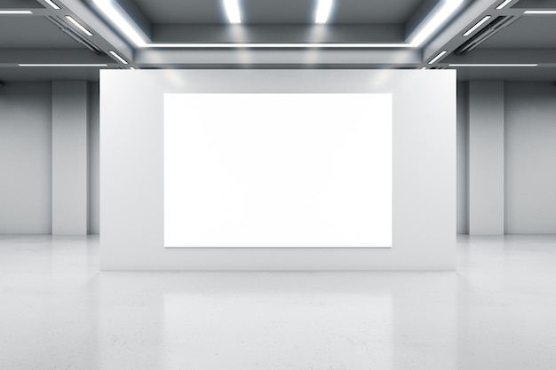 Blank white poster on light grey concrete partition in empty industrial hall with led lamps on top and glossy floor 3D rendering mockup