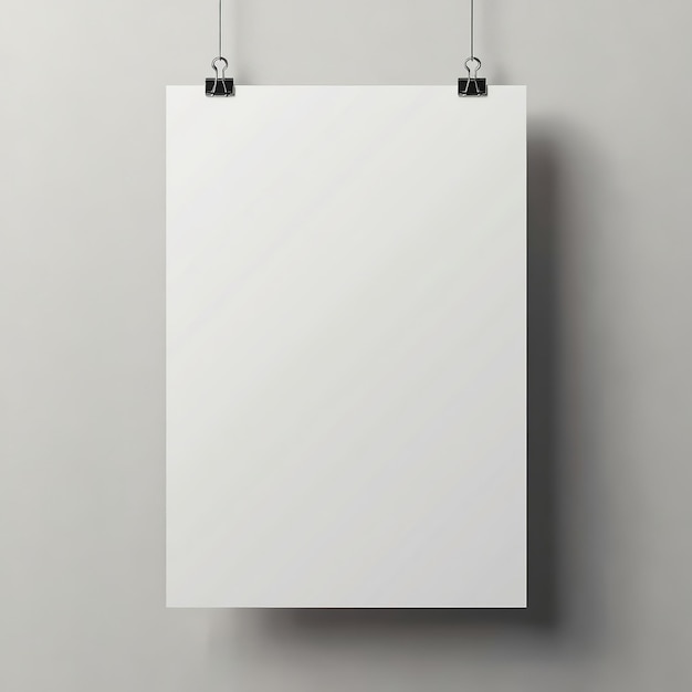 Photo a blank white poster mockup hanging black clips against soft grey background