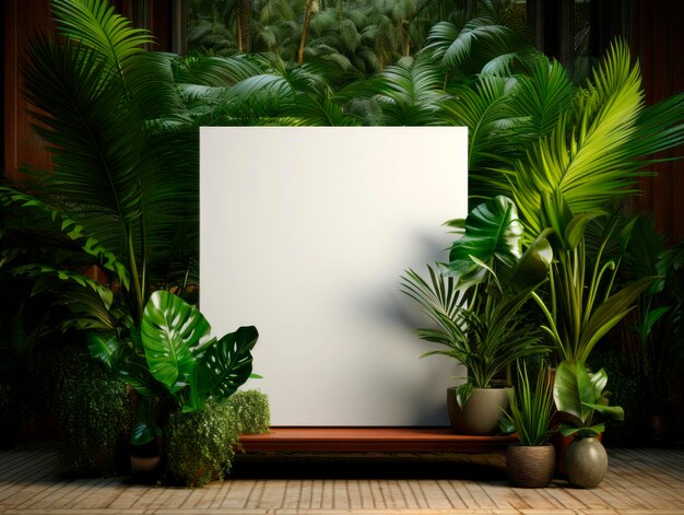 Blank white poster mockup on wooden shelf with tropical plants Generative AI