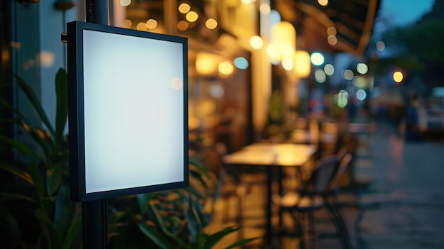 Blank white poster with black frame stand in front of blur restaurant cafe background