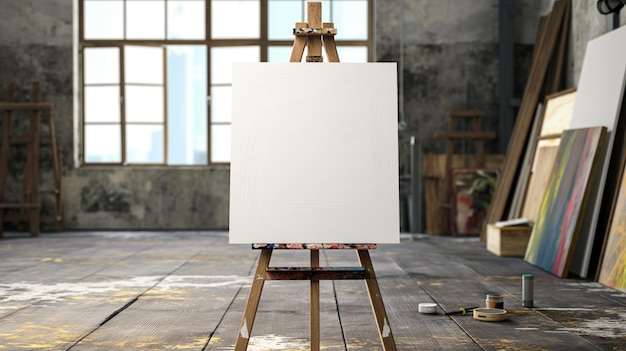 Photo blank white poster on a wooden easel in an art studio ready to be transformed into a masterpiece symbolizing potential creativity and artistic inspiration