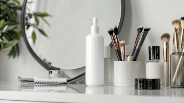 A blank white pump bottle on a modern vanity table