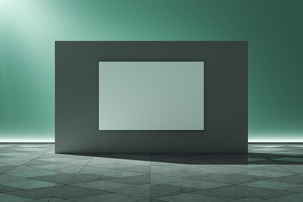 Photo blank white rectangular banner on a dark wall in a room with a geometric patterned floor against a teal background concept of advertising in a modern interior 3d rendering