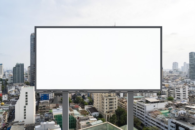 Blank white road billboard with Bangkok cityscape background at day time Street advertising poster mock up 3D rendering Front view The concept of marketing communication to promote or sell idea