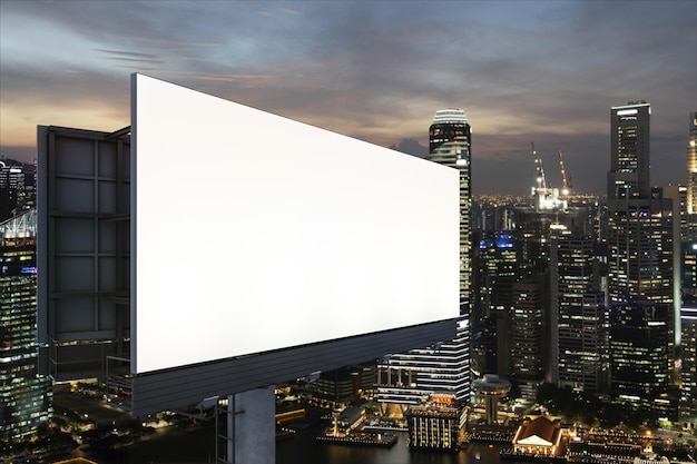 Blank white road billboard with Singapore cityscape background at night time Street advertising poster mock up 3D rendering Side view The concept of marketing communication to sell idea