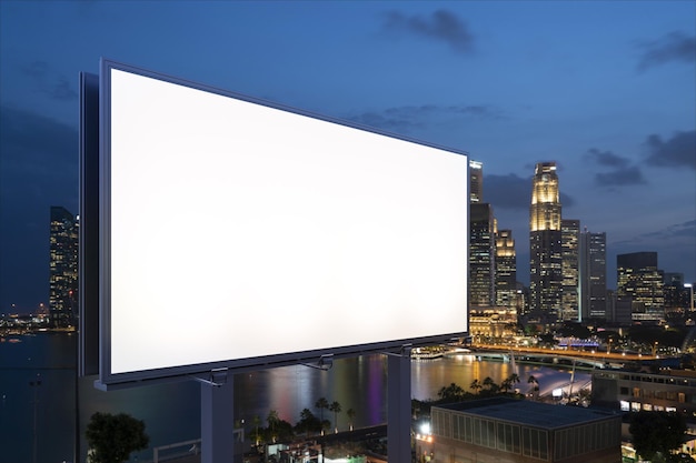 Blank white road billboard with Singapore cityscape background at night time Street advertising poster mock up 3D rendering Side view The concept of marketing communication to sell idea