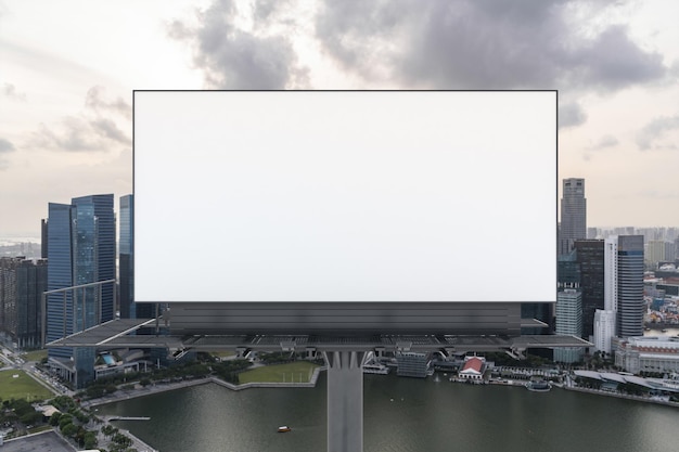 Blank white road billboard with Singapore cityscape background at sunset Street advertising poster mock up 3D rendering Front view The concept of marketing communication to sell idea