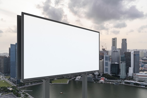 Blank white road billboard with Singapore cityscape background at sunset Street advertising poster mock up 3D rendering Side view The concept of marketing communication to sell idea