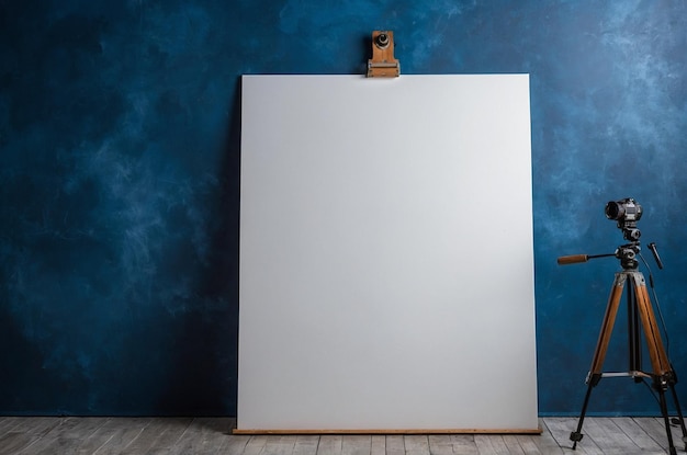 Photo a blank white screen is standing in front of a blue wall