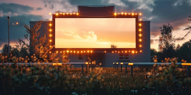 blank white screen outdoors in green grass park outdoor cinema big screen show ai generated