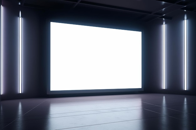 A blank white screen with space for logo or text in a dark room with a glossy floor 3D rendering mockup