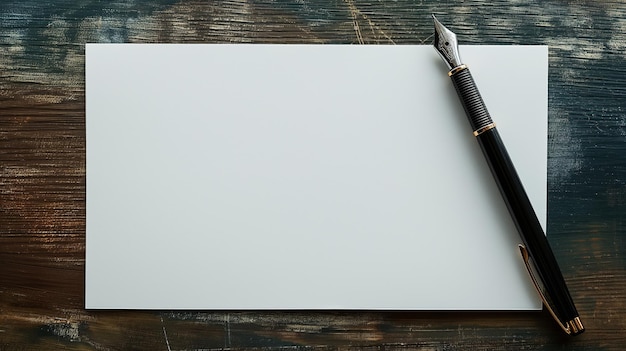 Photo a blank white sheet of paper and a fountain pen on a wood table top