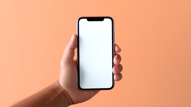 Blank white smartphone screen held in hand stretched and laid flat on a minimalist random mockup background with ample space Generative AI