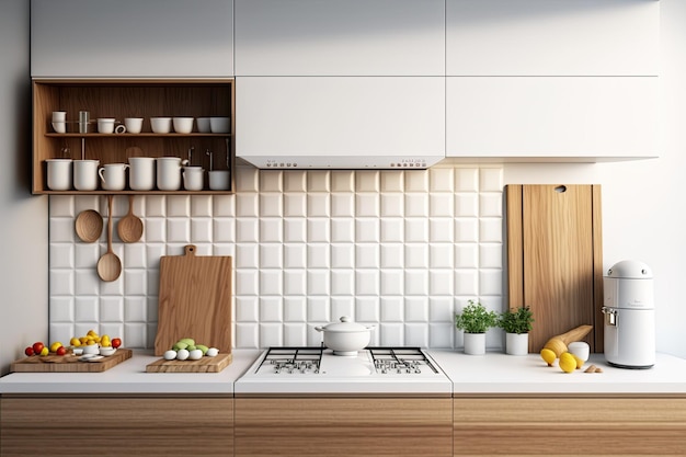 Blank white space up close on a gorgeous wooden kitchen counter adorned with modern appliances