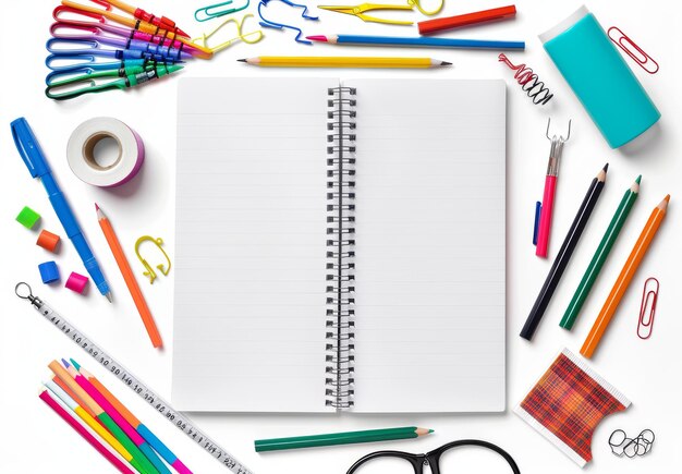 Photo blank white spiral notebook surrounded by colorful school supplies on a white background