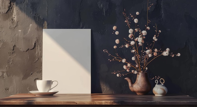 Blank white square book mockup next to an elegant coffee cup and flowers on the table