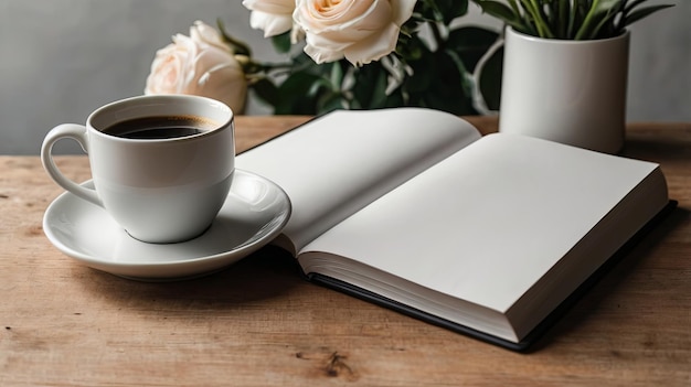 A blank white square book mockup staged with an elegant coffee cup and blooming flowers