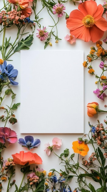 Photo blank white square card surrounded by colorful flowers