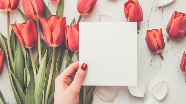 Blank white square greeting card opened by female