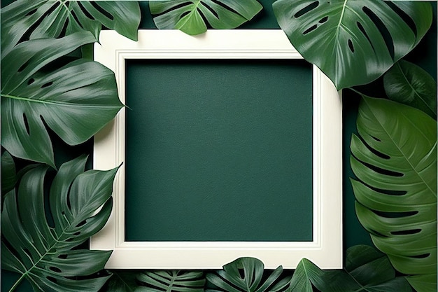 Blank white square wooden frame layout of tropical leaves Blank for advertising card or invitation Generative AI