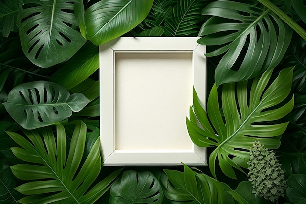 Blank white square wooden frame layout of tropical leaves Blank for advertising card or invitation Generative AI