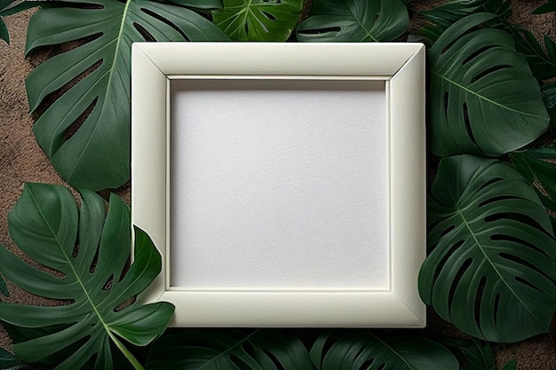 Blank white square wooden frame layout of tropical leaves Blank for advertising card or invitation Generative AI