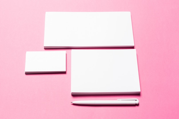 Blank white stationery cards and documents for business branding, top view