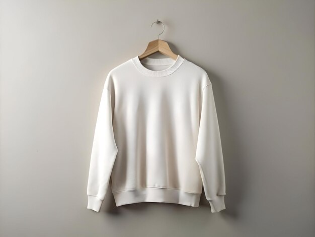 Photo blank white sweatshirt mockup hanging on a hanger against a light grey wall