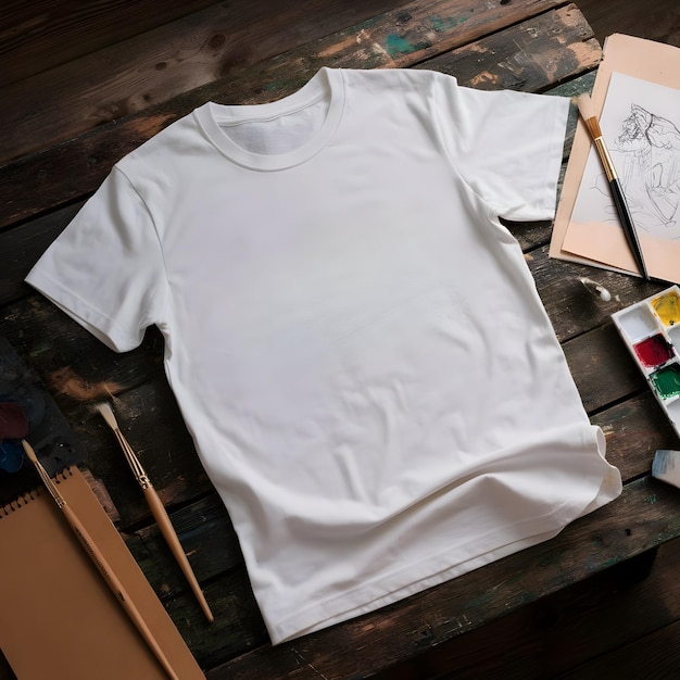 Photo a blank white t shirt mockup template is on a wooden painting table background