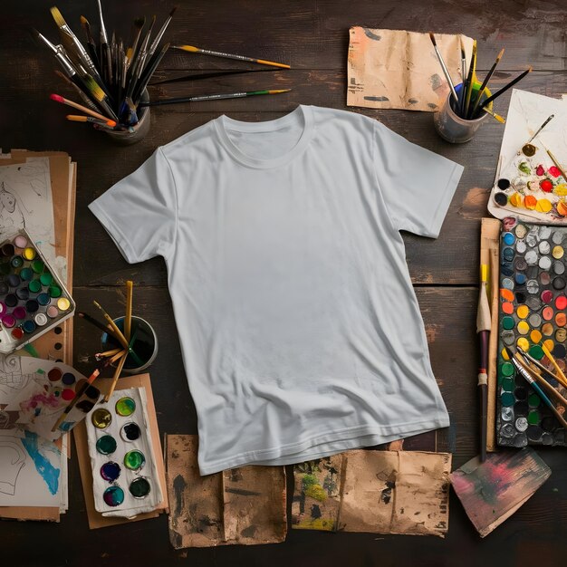 Photo a blank white t shirt mockup template is on a wooden painting table background