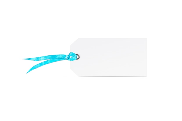 Blank white tag with blue riband isolated