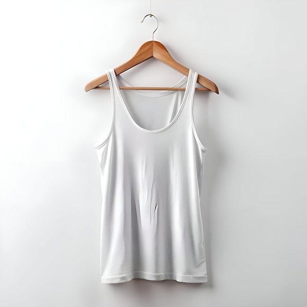 Photo blank white tank top hanging on a wooden hanger against a white background