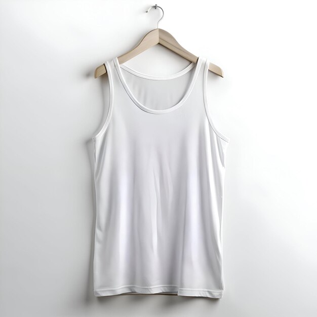 Photo blank white tank top mockup hanging on a wooden hanger against a clean white backdrop