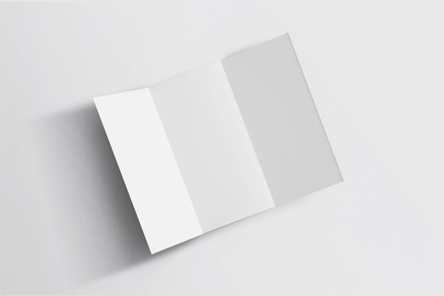 Photo blank white tri folded booklet mock up opened front and back side top view 3d rendering plain trifold brochures mockups set isolated book cover and three flier inside with shadow overlay