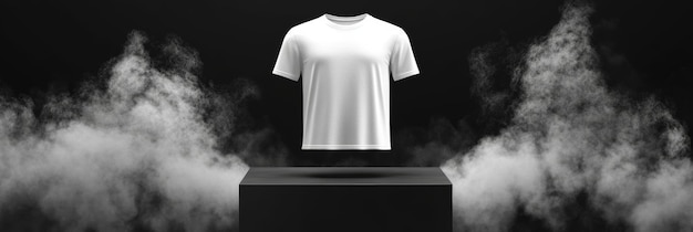 Blank white tshirt on a black pedestal on black empty studio background with smoky effects