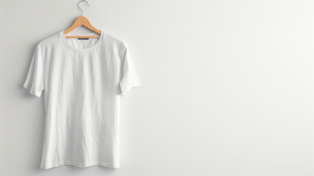 Blank white tshirt hanging on wooden hanger against a white background