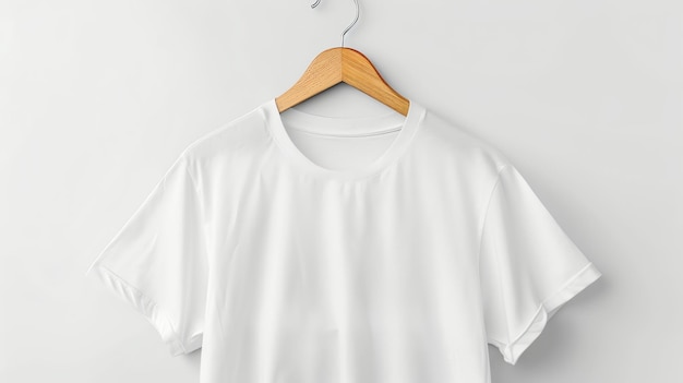 Blank white tshirt hanging on a wooden hanger against a white background