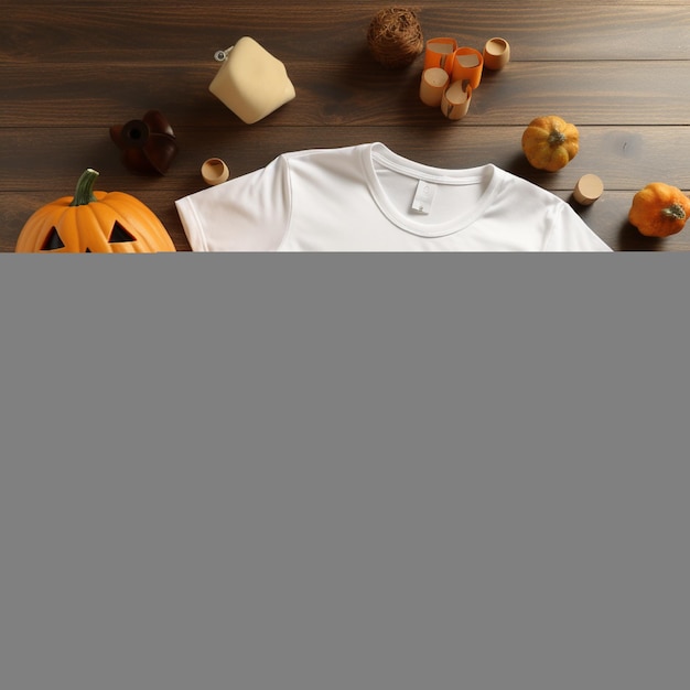 Photo blank white tshirt lying in a sleeping position on a wooden table with several halloween