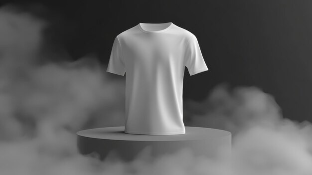 Blank White TShirt Mockup Displayed on a Dark Smoky Pedestal Background 3D Rendering