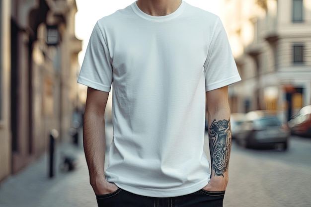 Photo blank white tshirt on young male on the street fashion mockup