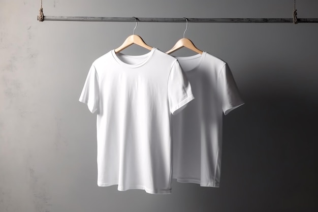 Blank White TShirts Mockup hanging on white wall front view Template for custom design Generative ai