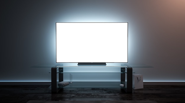 Blank white tv screen interior in darkness