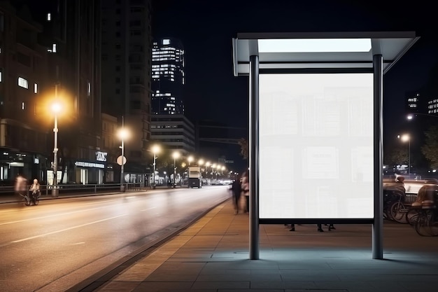 Blank white vertical billboard on city street bus stop sign at night with a blurred urban background for advertising and marketing mockup purposes